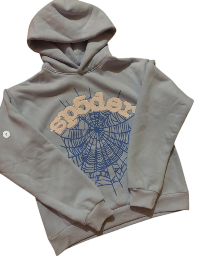 Sp5der Web Hoodie – Light Grey / Blue